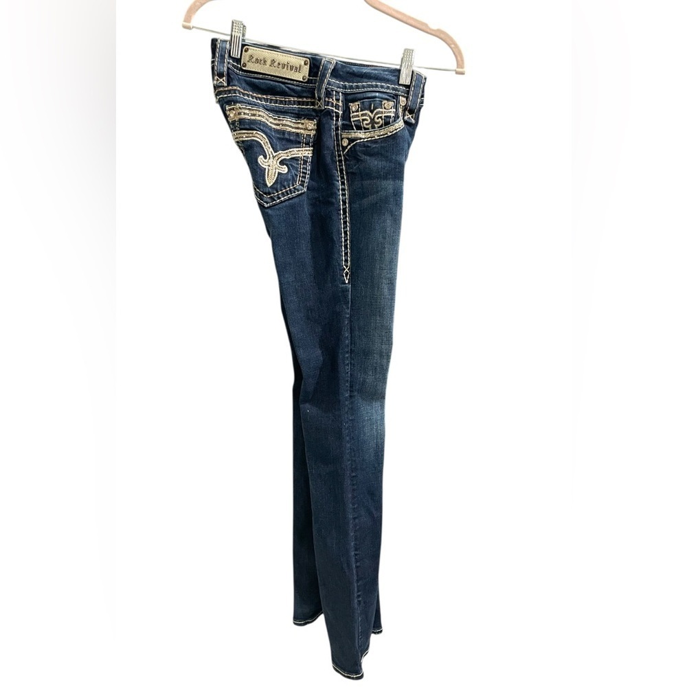 ROCK REVIVAL SHERRY BOOT Crystal Rhinestone Pocket Dark Blue Jeans EUC Size 27 - Picture 3 of 12